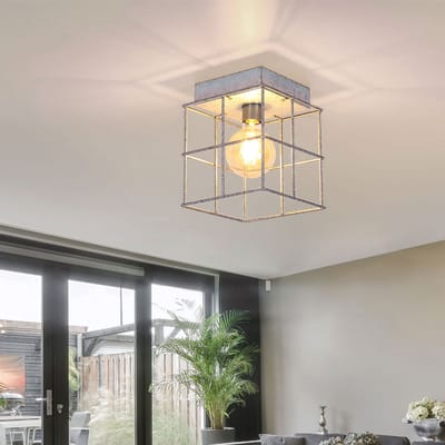 Plafondlamp 1 vlam plafondlamp woonkamer industriële spot E27, metalen rooster zinkkleurig, 1x E27 fitting, LxBxH 20x20x20 cm