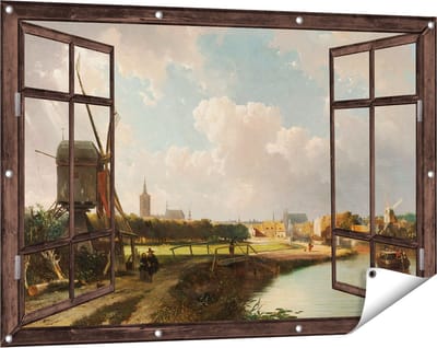 Gards Tuinposter Doorkijk Gezicht op Den Haag vanaf de Delftse Vaart in de Zeventiende Eeuw - Cornelis Springer - 120x80 cm - Tuindoek - Tuindecoratie - Wanddecoratie buiten - Tuinschilderij