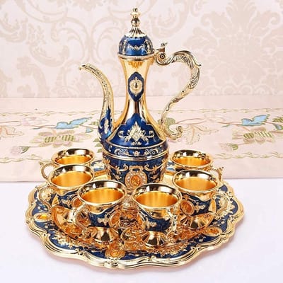 Dailygoody - Heupfles Set Russische Stijl - Luxe Wijn Pot Kit - Metalen Wijn Drinkbekers - Blauw - Tafeldecoratie - Bruiloft Benodigdheden - Kuns