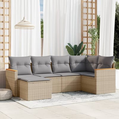 vidaXL - 6-delige - Loungeset - met - kussens - poly - rattan - gemengd - beige