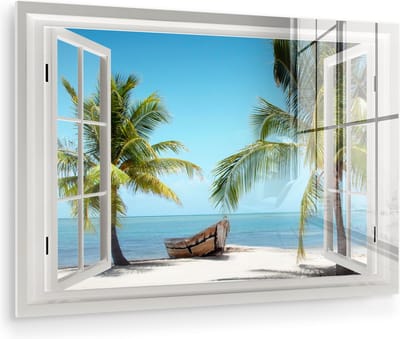 MuchoWow® Glasschilderij 30x20 cm - Schilderij acrylglas - Doorkijk - Strand - Palmboom - Boot - Tropisch - Zee - Blauw - Foto op glas - Muurdecoratie woonkamer - Wanddecoratie slaapkamer - Schilderijen