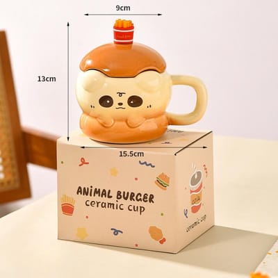 Hamburgerbeker Frietjes Menglepel Schattige Mok Grappige Beker Gepersonaliseerde Creatieve Keramische Beker Student Vreemde Waterbeker 400ml beige