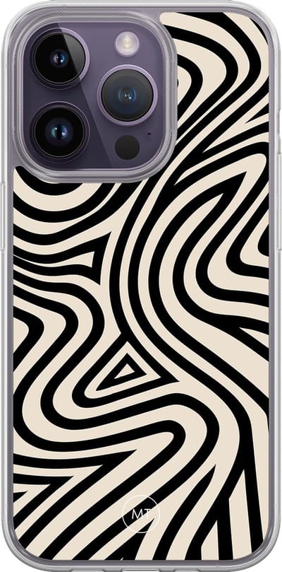 Hybride hoesje geschikt voor iPhone 15 Pro - Groovy lines - Extra bescherming - Luxe beschermhoes - TPU case - Transparant, Zwart - Mooie Telefoonhoesjes