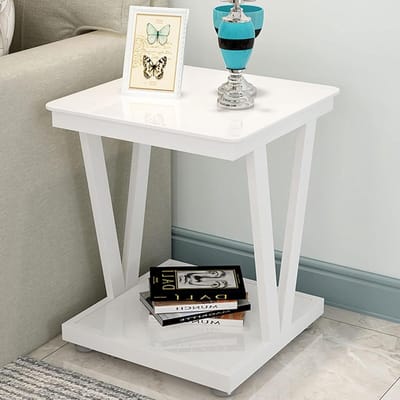 Bijzettafel Vierkant - Salontafel Glas - Woonkamer Decoratie - Met Opbergplank - 50x50x60cm - Zwart Wit