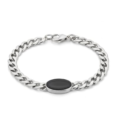 Zilverkleurige heren schakel armband met ovale plaat en karabijnsluiting