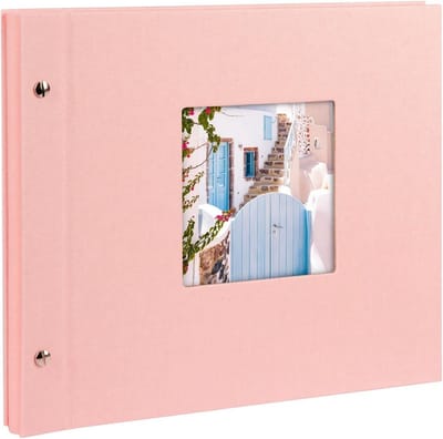 Fotoalbum met uitsparing - Fotoboek Linnen - Herinneringen bewaren - Uitbreidbaar Schroefalbum - 30x25 cm - Rosé