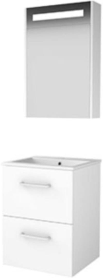 Basic-Line Premium 46 Badkamermeubelset - 50 x 46 cm - Met Grepen - 2 Lades - Keramische Wastafel - 1 Kraangat - Spiegelkast met LED Verlichting - Ice White
