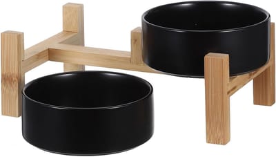 Verhoogde Hondenbakken Set - Dubbele Voerbak - Comfortabel Eten - Antislip Bamboe Standaard - 24.6 x 15 x 11 cm