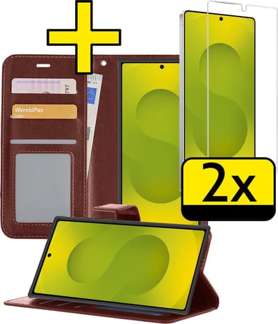 Hoesje - Met 2x Screenprotector - Geschikt voor Samsung Galaxy S25 Ultra - Luxe Pasjeshouder - Bookcase Portemonee - Flip Case - Kunstleer Book Case - Flipcase Hoes - Book Cover - Walletcase - Portemonneehoes - Telefoonhoesjes - Bruin