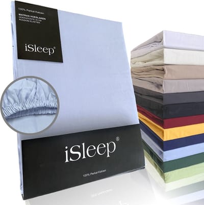 iSleep Perkal Hoeslaken - 100% Perkal Katoen - Hoge Hoek - Rondom Elastiek - Eenpersoons - 80x200 cm - Licht Blauw