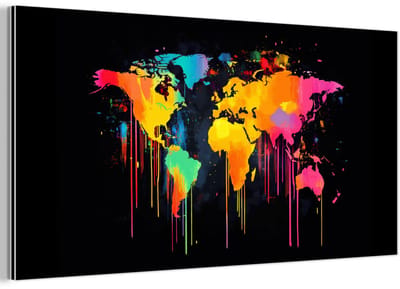 Aluminium schilderij 120x60 cm - Wanddecoratie metaal - Wereldkaart - Verf - Kleurrijk - Graffiti - Wereld - Metalen muurdecoratie woonkamer - Decoratie industrieel - Foto op dibond - Industriële accessoires slaapkamer