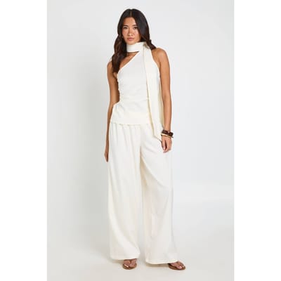 boohoo Dames Crepe Sjaal Top En Wijde Pijpen Broek Co-ord Set | Ivoor | Maat: 38