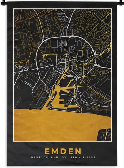 Wandkleed - Wanddoek - Goud – Duitsland – Plattegrond – Gold – Stadskaart – Kaart – Emden - 120x180 cm - Wandtapijt