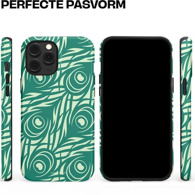 Casetastic hoesje geschikt voor Apple iPhone 12 Pro Max - MagSafe - Dubbellaagse bescherming - Troste Turquoise Pauw Veren - Fashion Case - Turquoise Mintgroen Crème