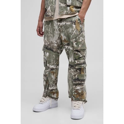 Relaxed Forest Camo Multi Pocket Cargo Trousers | Sage | Size 44