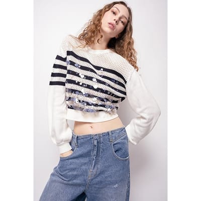 PINKO Carreno Maglia Rete Cotone Rig Ecru/navy Blue Maat: S | Gebreide Truien Outlet | Dames | Ecru