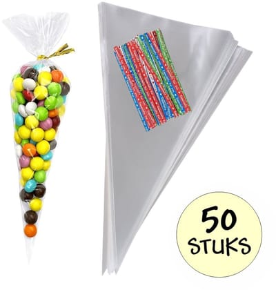 50x Cellofaan Puntzakken 25x13 cm - 50 Stuks Puntzak Doorzichtig - Traktatie Zak - Uitdeelzak - Snoepzak - Inclusief Sluitstrips Tekst - 13x25 cm - 50 Stuks