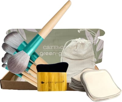 green-goose® Make-up Verzorgingspakket - 10 Bamboe Make-up Kwasten | Foundation Body Brush | 5 Bamboe 3 Laagse Wasbare Wattenschijfjes met Waszakje | Duurzaam Cadeau