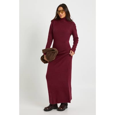 boohoo Dames Lange superzachte hoge nek gebreide maxi-jurk | Bordeaux Rood | Maat: Small