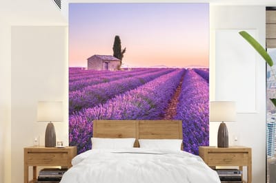 Behang - Fotobehang Lavendel - Zonsondergang - Paars - Bloemen - Breedte 195 cm x hoogte 260 cm