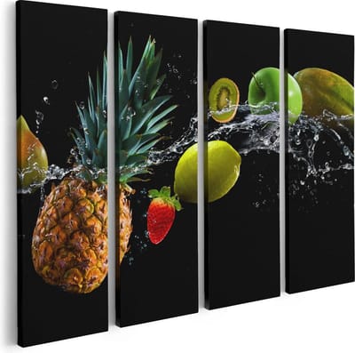 Artaza Canvas Schilderij Vierluik Fruit Met Water Op Zwart Achtergrond - 80x60 - Foto Op Canvas - Canvas Print