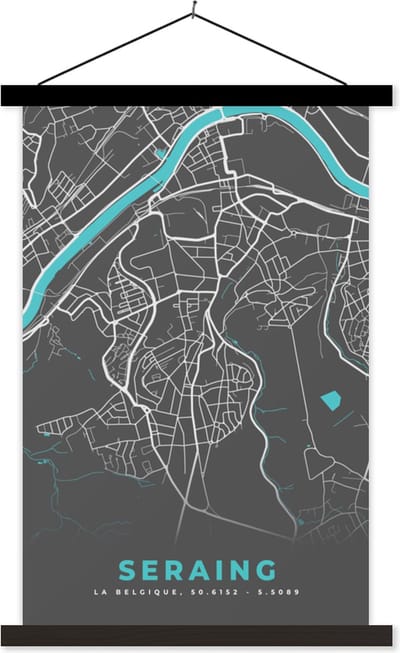 Posterhanger incl. Poster 40x60 cm - Schoolplaat - Stadskaart – Grijs - Kaart – Seraing – België – Plattegrond - Textielposter - Zwarte latten - Stadskaart