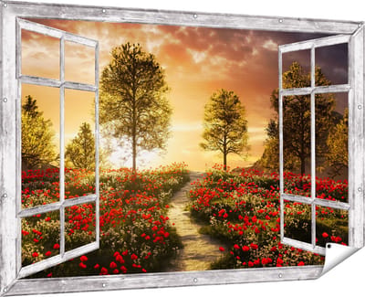 Gards Tuinposter Doorkijk Mooi Landschap met Rode Bloemen en Zonsondergang - 180x120 cm - Tuindoek - Tuindecoratie - Wanddecoratie buiten - Tuinschilderij