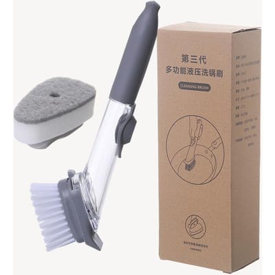 Brosse de nettoyage de cuisine 2 en 1 avec tête de brosse amovible, distributeur de savon, éponge, ensemble de brosses à vaisselle, outils de nettoyage de cuisine gray
