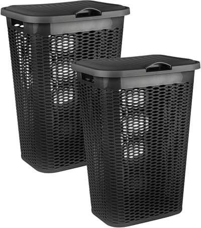 Plasticforte Wasmand Ventilation - 2x - met deksel - zwart - kunststof - 51 liter - 43 x 35 x 61 cm - Badkamer - Wasgoed - Nieuw design - Zeer stevig