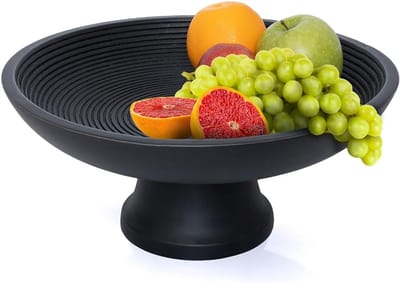 Famanu – Fruitschaal mangohout 30 cm zwart geribbeld – decoratieve fruitmand voor keuken en tafel