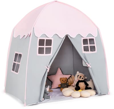 COSTWAY 143 x 100 x 155 cm, speelhuis voor 2-3 kinderen, prinses, kindertent, kindertent met ramen en dubbel gordijn, speeltent voor binnen en buiten, roze