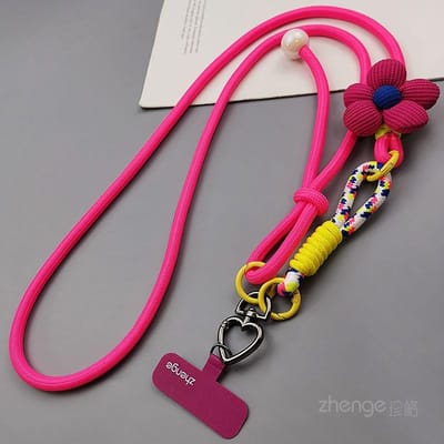 Lanière Florale 3-en-1 pour Téléphone Porté en bandoulière, Dragonne réglable longue et courte pour poignet de femme, Cordelette anti-perte pour les voyages en extérieur rose vif