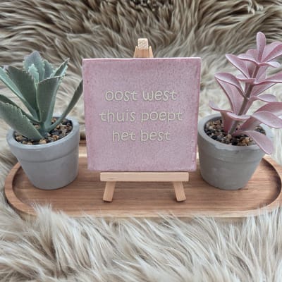 Robuust wenstegeltje “oost west thuis poept het best” – 10x10 cm – Humoristische Wanddecoratie & Cadeau – Cadeau vrienden,zomaar – Humor tegeltje - Grappige tekst – WC decoratie humor – Trendy nu – Decoratief Tegeltje met Standaard – Cadeau Idee