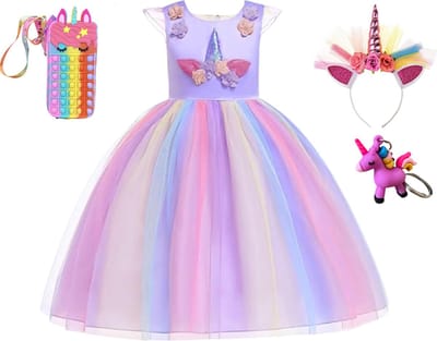 Unicorn jurk - Prinsessenjurk meisje - Fidget toys - Paarse jurk - Eenhoorn - Haarband - Het Betere Merk - maat 98/104 - Verkleedkleren Meisje - 3D Sleutelhanger