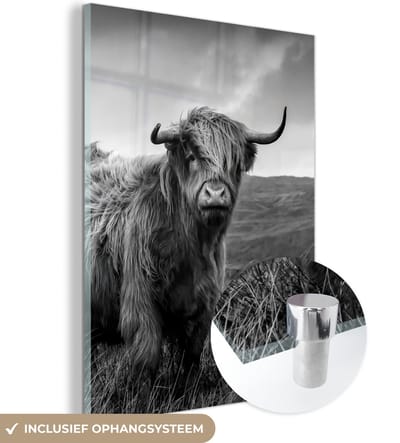 MuchoWow® Glasschilderij 120x160 cm - Schilderij acrylglas - Schotse Hooglander - Berg - Water - Natuur - Koe - Foto op glas - Schilderijen