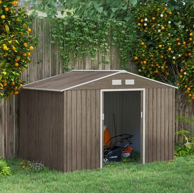 MEUNIQ metalen tuinschuur 277 x 195 x 192 cm met pultdak, 2 schuifdeuren en ventilatieopeningen, tuinberging voor gereedschap en opslag, bruin