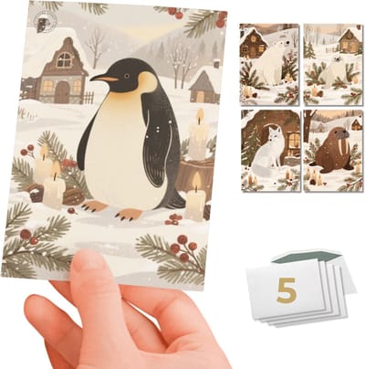 Inspra Studio – Luxe Kerstkaarten met Enveloppen – 5 Stuks – Pinguïn, IJsbeer, Zeehond, Walrus & Poolvos Wenskaarten – Natuurlijke Dieren Illustraties