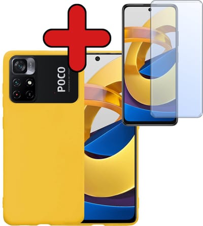 Hoesje - Met Screenprotector - Geschikt voor Xiaomi Poco M4 Pro 5G - Sterk & Shockproof - Telefoon Hoes - Back Cover - Siliconen Case - Telefoonhoes - Geel
