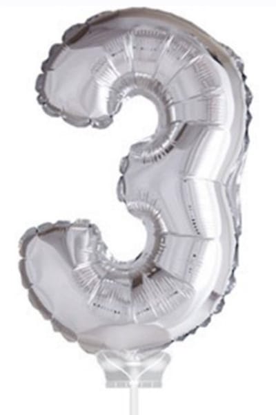 Cijferballon op stokje XL 40cm - Taart ballon - Cijfer 3 - Zilver