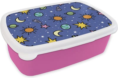 Broodtrommel Roze - Lunchbox - Brooddoos - Planeten - Sterren - Design - 18x12x6 cm - Kinderen - Meisje