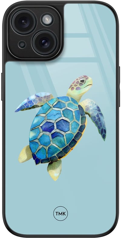Hoesje geschikt voor Apple iPhone 15 - Schildpad - Blauw - TPU luxe case (glossy toplaag) - Print - Hardcase backcover zwart