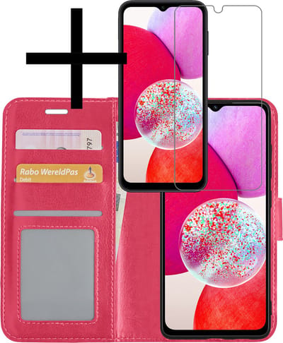 Hoesje - Met Screenprotector - Geschikt voor Samsung Galaxy A14 - Luxe Pasjeshouder - Bookcase Portemonee - Flip Case - Kunstleer Book Case - Flipcase - Book Cover - Walletcase - Portemonneehoes - Donkerroze