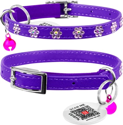 WAUDOG Glamour Flower Kattenhalsband - Echt Leder - Paars - Gratis QR-tag - XXS - Breedte: 9 mm - Nekomtrek: 22 - 30 cm (GELIEVE ALVORENS BESTELLEN OPMETEN)