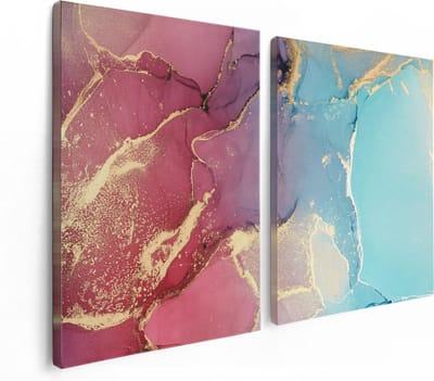 Artaza Canvas Schilderij Tweeluik Abstracte Kunst van Marmer - Roze met Blauw - 120x80 - Foto Op Canvas - Canvas Print
