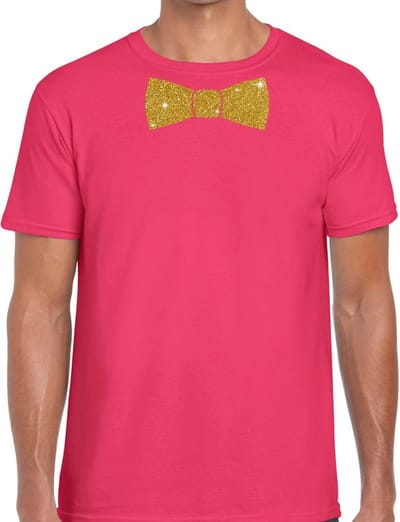 Feestkleding t-shirt - met gouden strikje - roze - voor heren - vlinderdas - glitter and glamour S