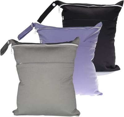 Herbruikbare natte zakken set van 3 - Grote luiertas met ritsen, 30 x 36 cm, ideaal voor luiers, zwemkleding en organisatie in zwart, grijs en lavendel