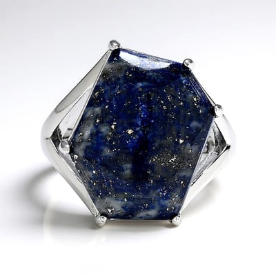 Cavill - 925 Sterling Zilver Ring - Rhodium - Lapis Lazuli 1 1 ct Hexagon Cabochon - Elegante Blauwe Damesring - Maat 17 18 19