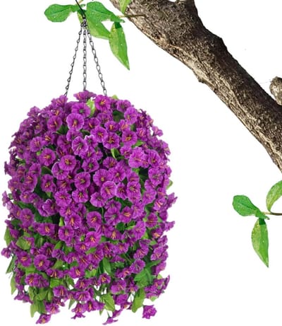 Kunstbloemen Ophangmand - Zijden Bloemen - Buiten Decoratie - Weerbestendig Materiaal - 94 Cm - Paars