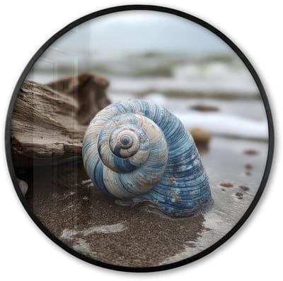 Poster in lijst Rond - Fotolijst 60x60 cm - Posters - Schelp - Strand - Blauw - Zee - Ronde posterlijst zwart - Decoratie - Wanddecoratie woonkamer - Muurdecoratie slaapkamer