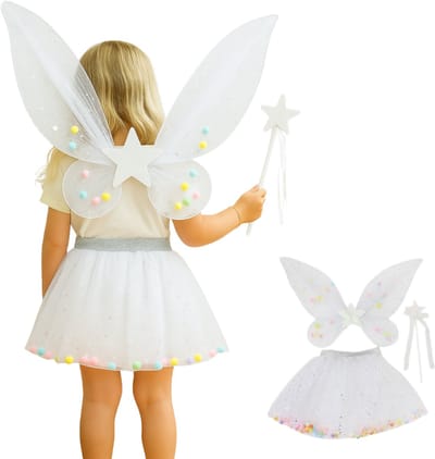 Joya Kids® Tuin Vlinder Fee Verkleedset voor Meisjes | Fëen Tutu verkleedkleding | Prinsessencape | Cape Set | Unicorn | Meisje Verkleedset | Carnvalskleding Halloween Meisjes | Met Haarband, Staf, Vleugels en Tutu | Wit
